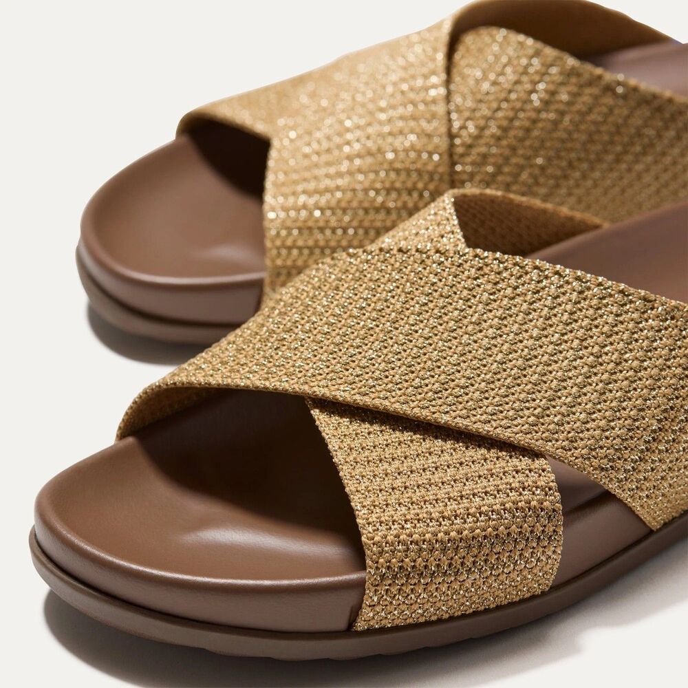 Rothy’s Weekend Slide 6.5 Golden Sun Sandals Woven Flats Shimmery Beige NWOB